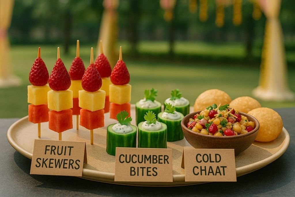 (Image consist of Summer Appetizers Platter Colorful Indian with starters like fruit skewers, cucumber bites, and cold chaat at a summer wedding)
