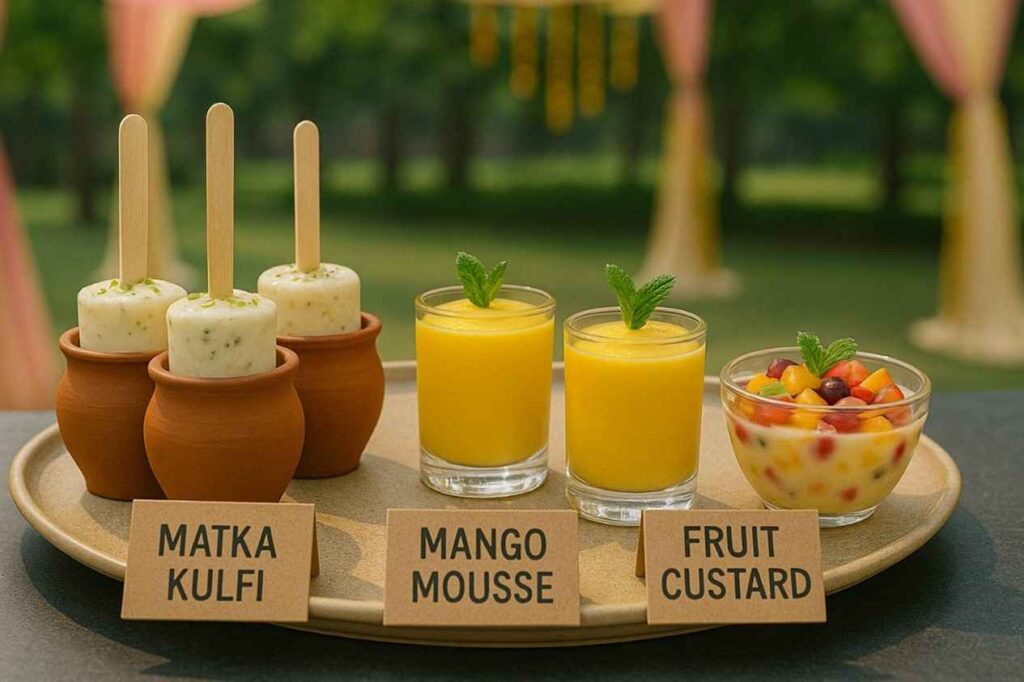 Image consist of Indian Summer Wedding Desserts Matka kulfi, mango mousse, and fruit custard arranged at a wedding dessert counter.)